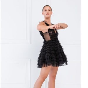 BLACK TIERED RUFFLE PLUNGING TULLE MINI DRESS